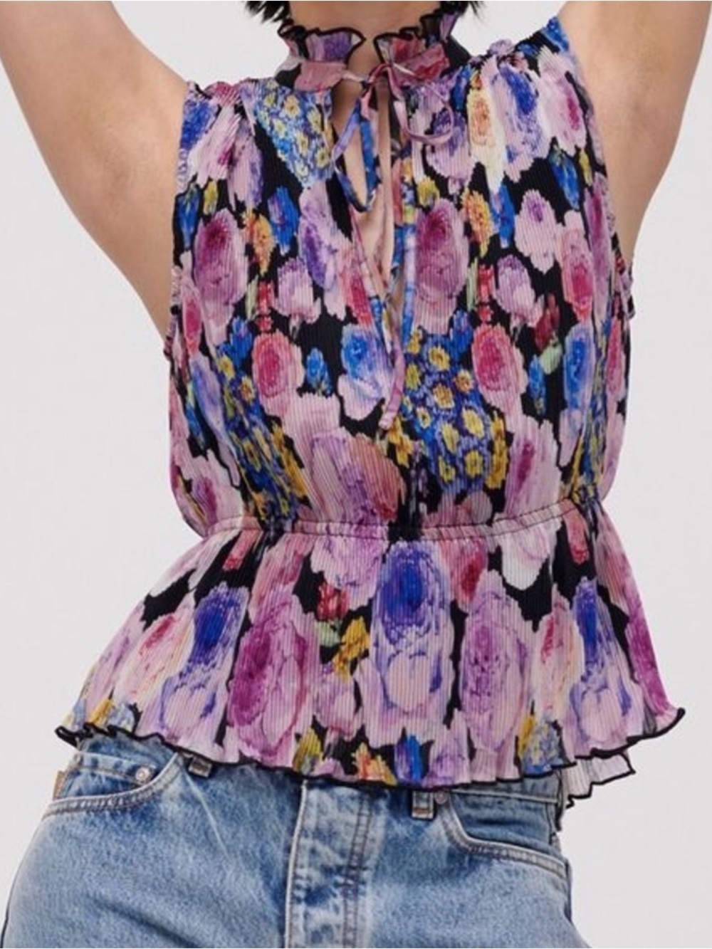 Ganni Plisse' Ruffle Trimmed Pleated Floral Print Georgette top